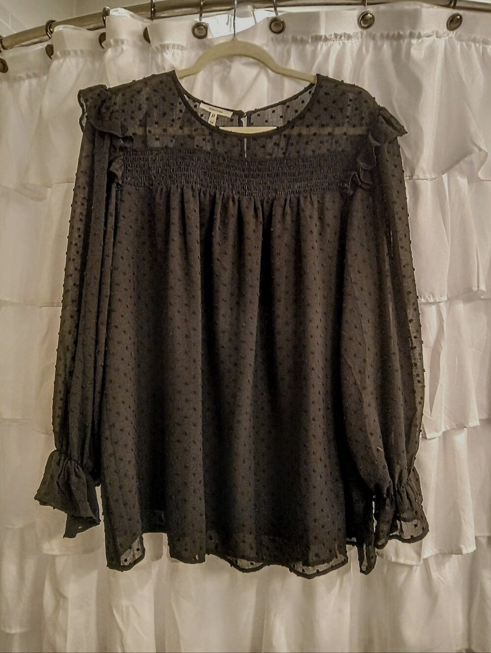Sheer Swiss Dot Smocked Yoke Black Blouse